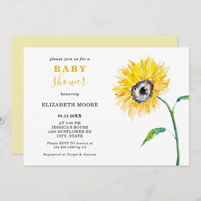 Invitation Baby shower de tournesol aquarelle élégant simple (Devant / Derrière)