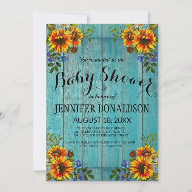 Invitation Baby shower de tournesol bleu rustique (Devant)