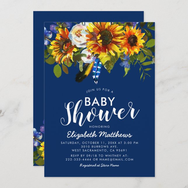 Invitation Baby shower de tournesol bleu Rustique Boho Navy (Devant / Derrière)