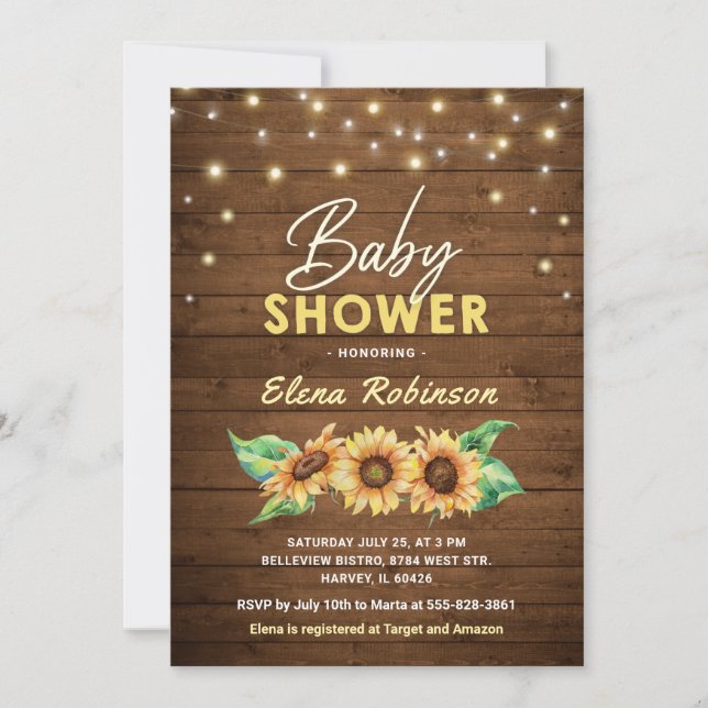 Invitation Baby shower de tournesol Bois rustique Automne Été (Devant)
