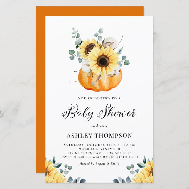 Invitation Baby shower de tournesol Citrouille rus (Devant / Derrière)
