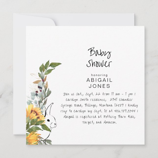 Invitation Baby shower de tournesol de lapin mignon (Devant)