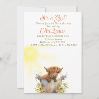Invitation Baby shower de tournesol de vache Highland