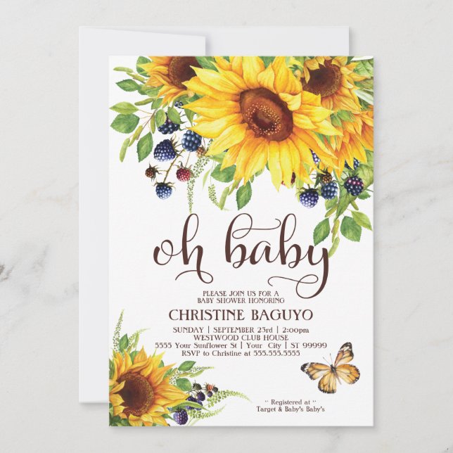Invitation Baby shower de tournesol Elegant Boho (Devant)