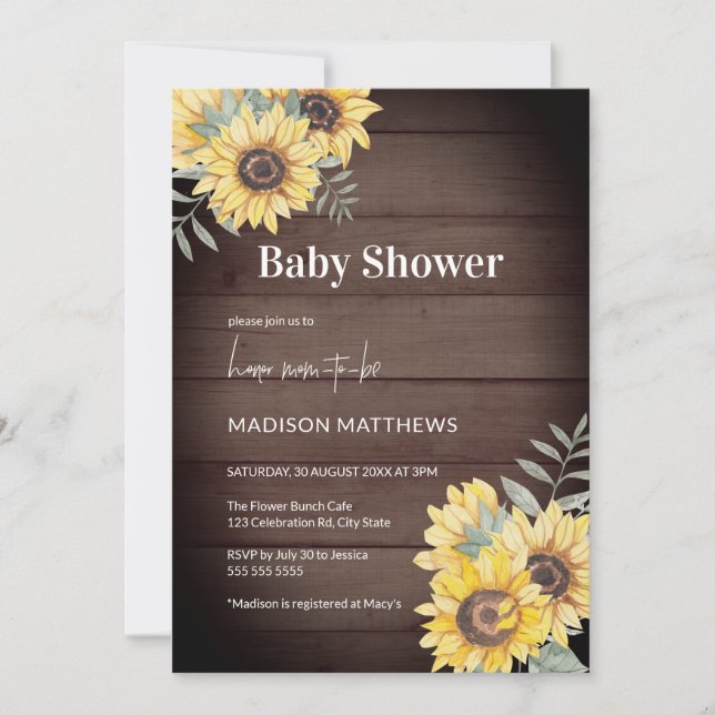 Invitation Baby shower de tournesol en bois de ferme (Devant)