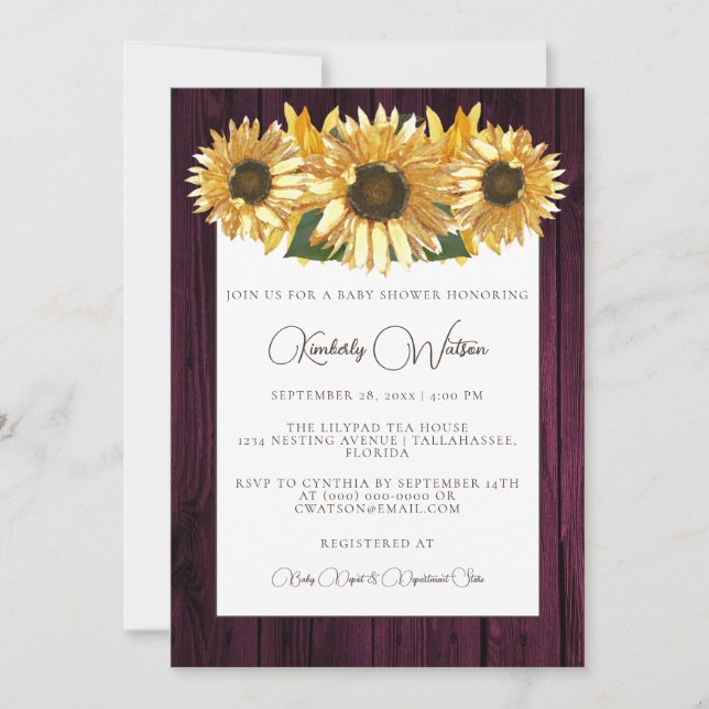Invitation Baby shower de tournesol magenta Rustique Invitati (Devant)