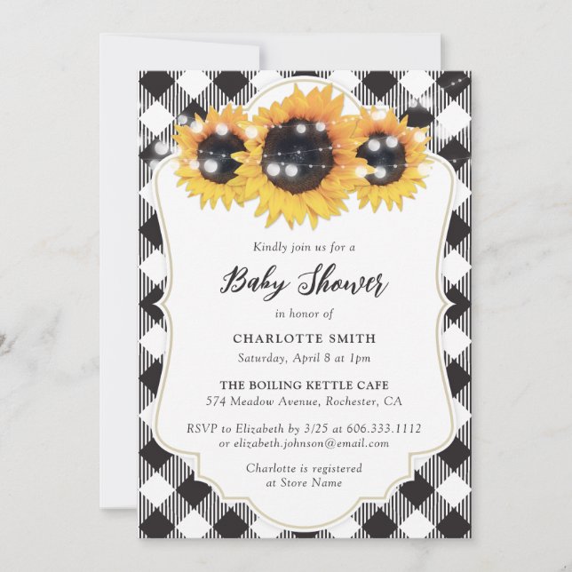 Invitation Baby shower de tournesol Plaid à Buffalo noir et b (Devant)