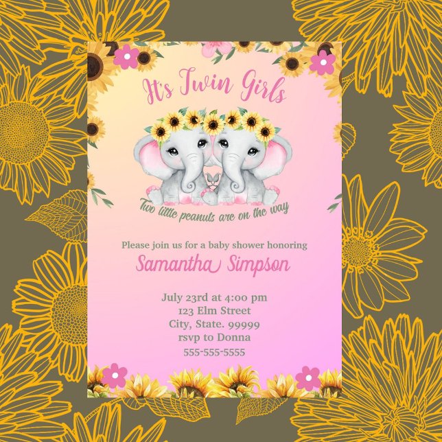Invitation Baby shower de tournesol rose Eléphant Twin Girls (Créateur téléchargé)