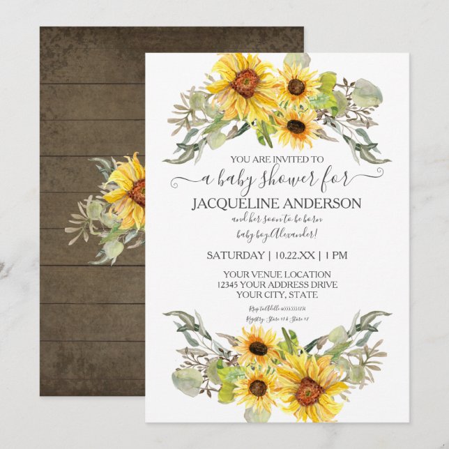 Invitation Baby shower de tournesol rustique en bois (Devant / Derrière)