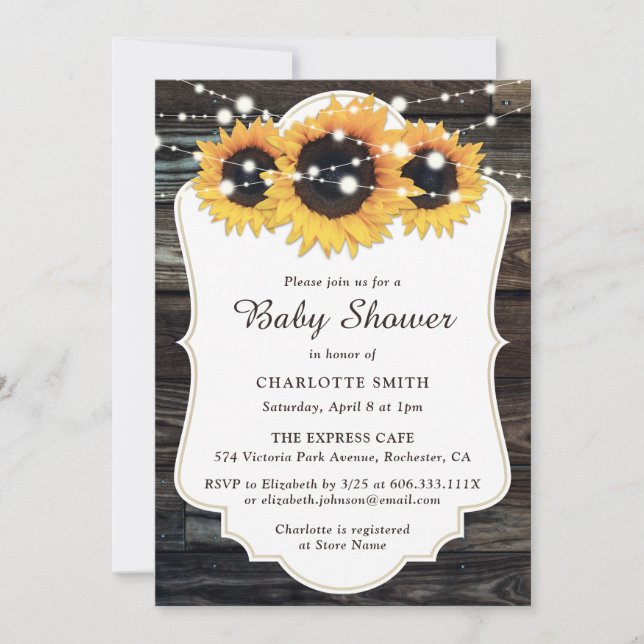 Invitation Baby shower de tournesol rustique en bois (Devant)