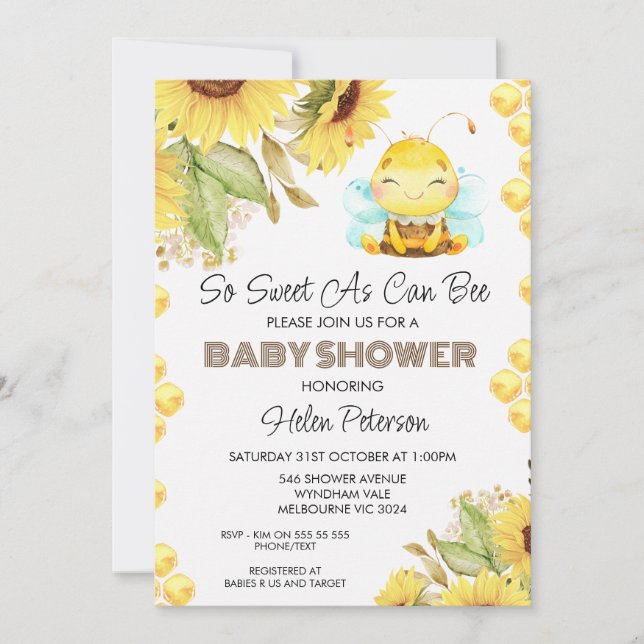 Invitation Baby shower de tournesols d'abeilles neutres selon (Devant)