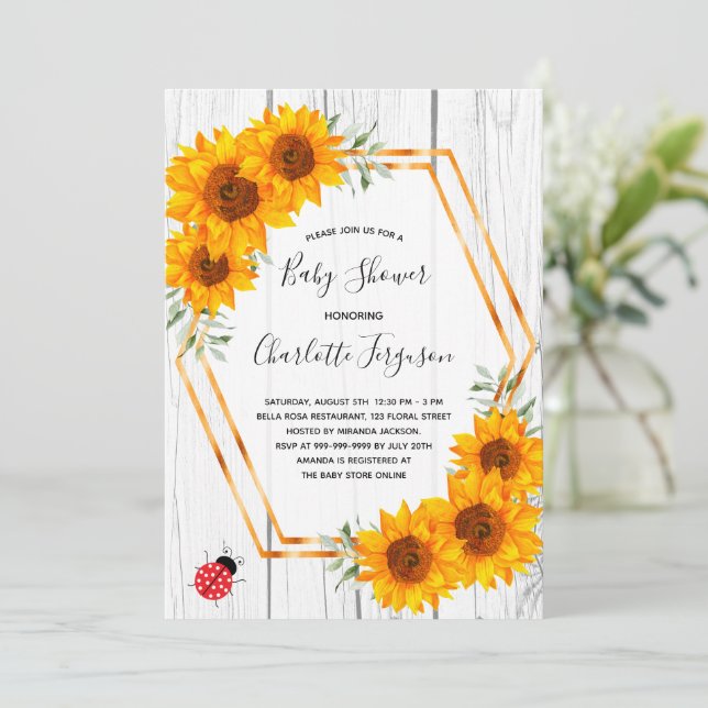Invitation Baby shower de tournesols rustique geo ladybug or (Debout devant)