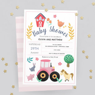 Invitation Baby shower de tracteur de ferme rose-rose