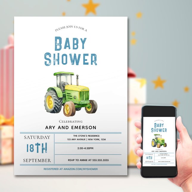 Invitation Baby shower de tracteur de ferme rustique (Créateur téléchargé)