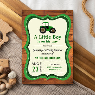 Invitation Baby shower de tracteur de ferme rustique vert boi
