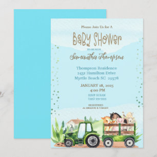 Invitation Baby shower de tracteurs Blue Green Farm Boys