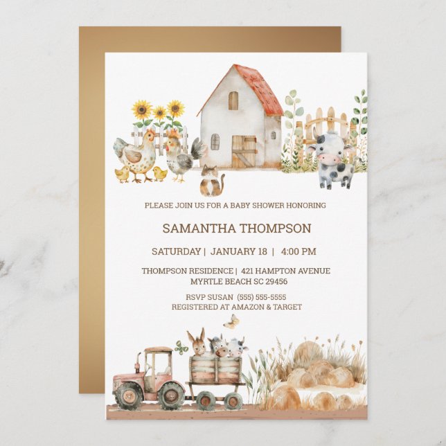 Invitation Baby shower de tracteurs pour animaux de ferme (Devant / Derrière)