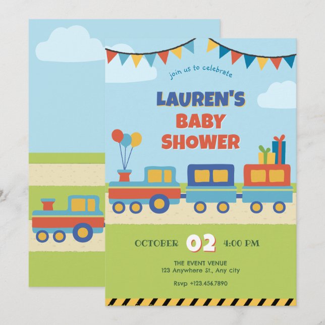 Invitation Baby shower de train coloré (Devant / Derrière)