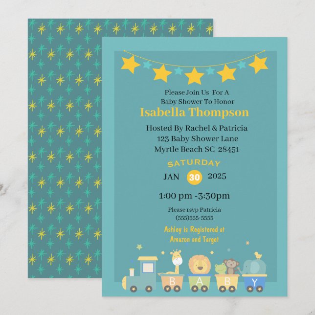Invitation Baby shower de train Safari Turquoise et Jaune (Devant / Derrière)