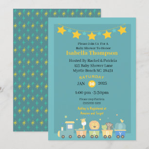 Invitation Baby shower de train Safari Turquoise et Jaune