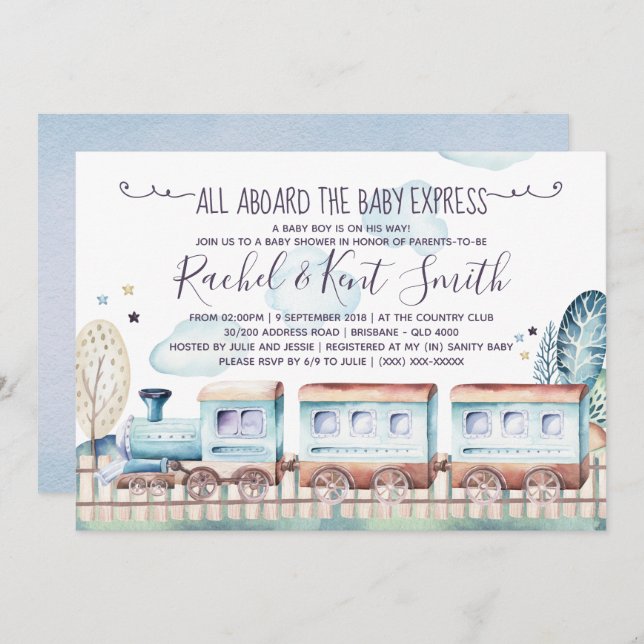 Invitation Baby shower de train Watercolor Choo Choo (Devant / Derrière)
