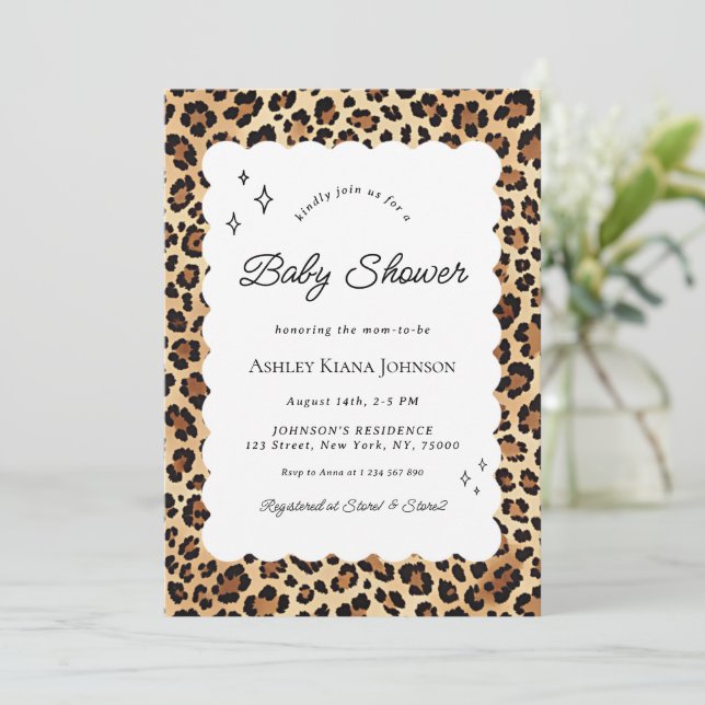 Invitation Baby shower de trame Wavy Empreinte de léopard (Debout devant)