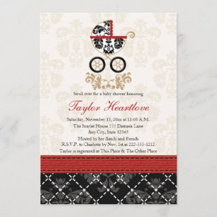 INVITATION BABY SHOWER DE TRANSPORT DE BÉBÉ DE DAMASK ROUGE E