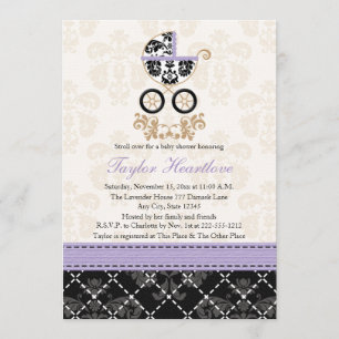 INVITATION BABY SHOWER DE TRANSPORT DE BÉBÉ DE LAVENDER NOIR