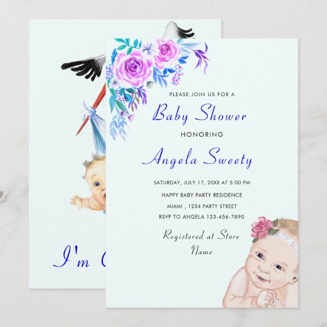 Invitation Baby shower de transport de la cigogne (Devant / Derrière)