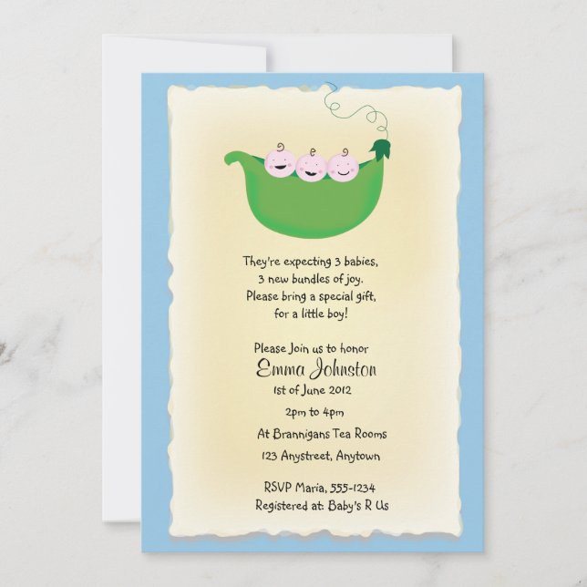 Invitation baby shower de Triplet boy "Peas in a Pod" (Devant)