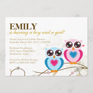 Invitation Baby shower de Twin Boy & Girl Owls