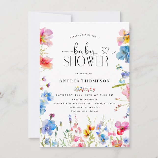 Invitation Baby shower de typographie Fleur sauvage du jardin (Devant)