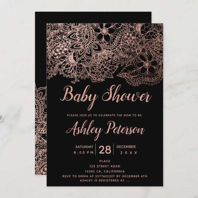 Invitation Baby shower de typographie florale rose noir (Devant / Derrière)
