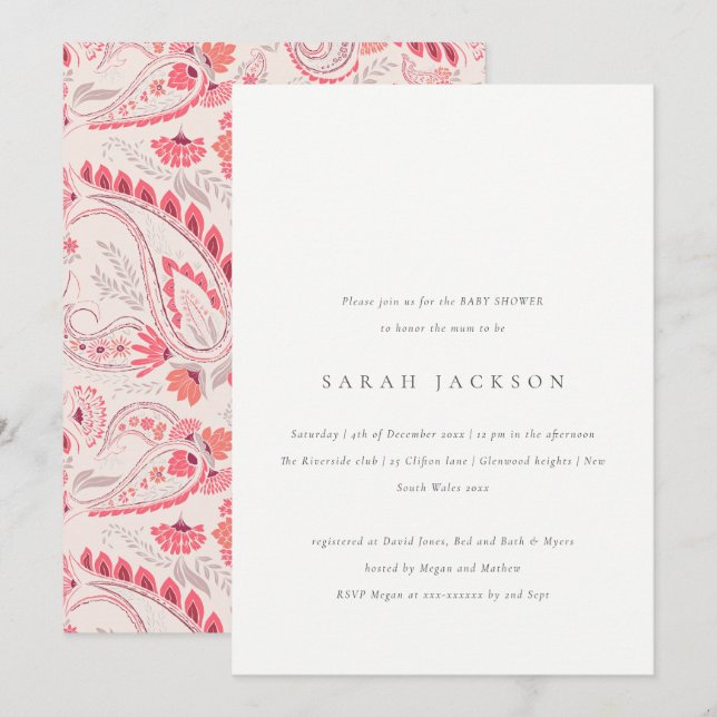 Invitation Baby shower de typographie moderne Blush Paisley (Devant / Derrière)