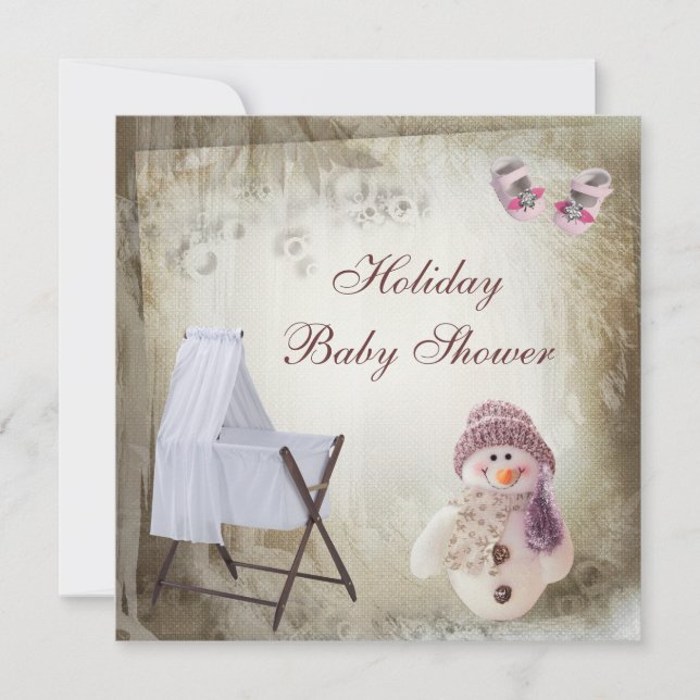 Invitation Baby shower de vacances de Crib & Pink Snowman (Devant)