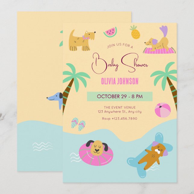Invitation Baby shower de vacances pour chiens de plage d'été (Devant / Derrière)