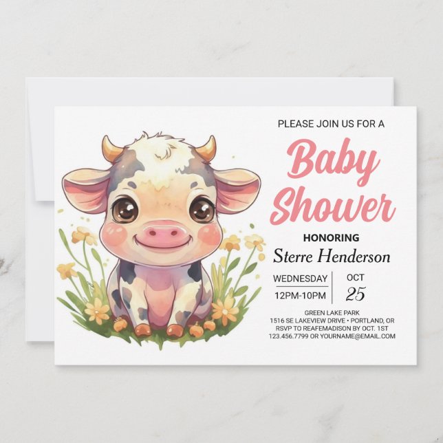 Invitation Baby shower de vache Barnyard Rose Cute (Devant)