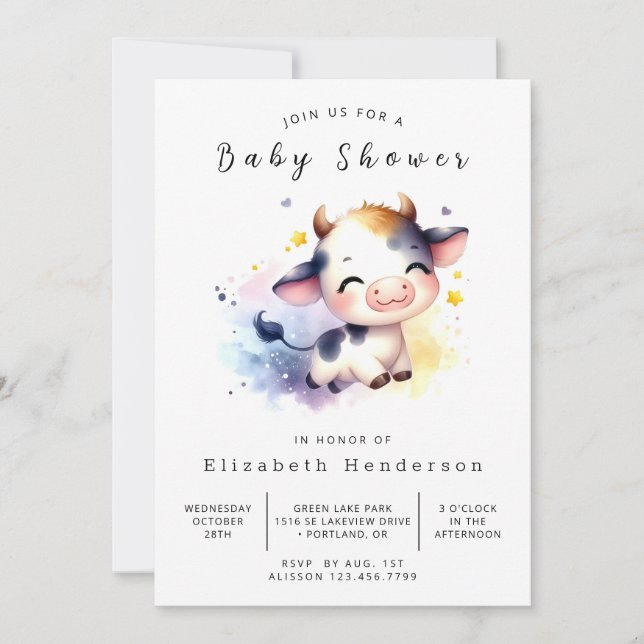 Invitation Baby shower de vache blanc Pastel (Devant)