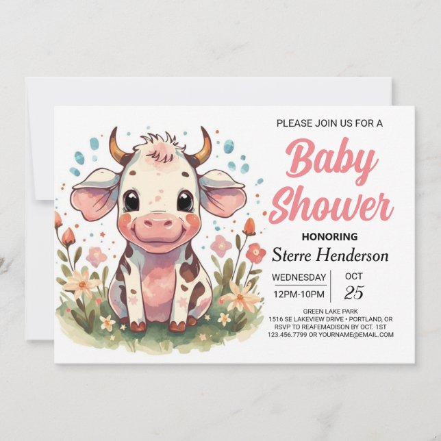 Invitation Baby shower de vache blanc Pastel Imprimable (Devant)
