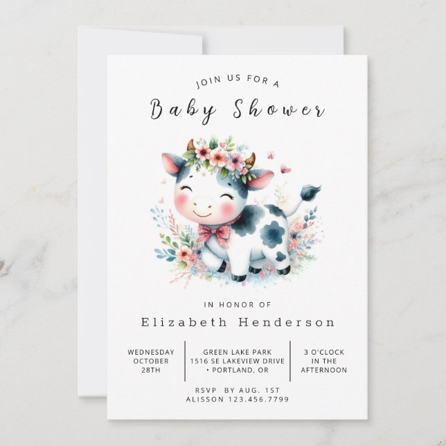 Invitation Baby shower de vache classique animal enchanté (Devant)