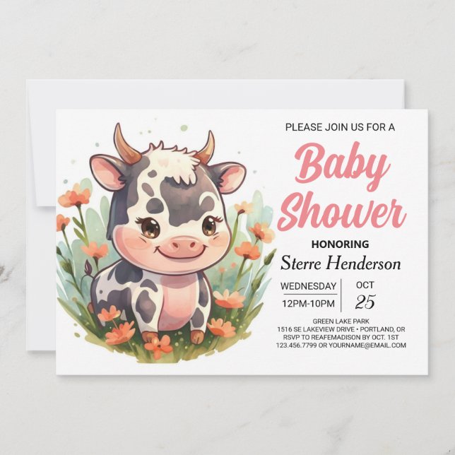 Invitation Baby shower de vache élégant pour fille rose (Devant)