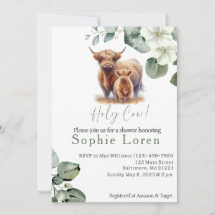 Invitation Baby shower de vache Highland à fleurs vertes