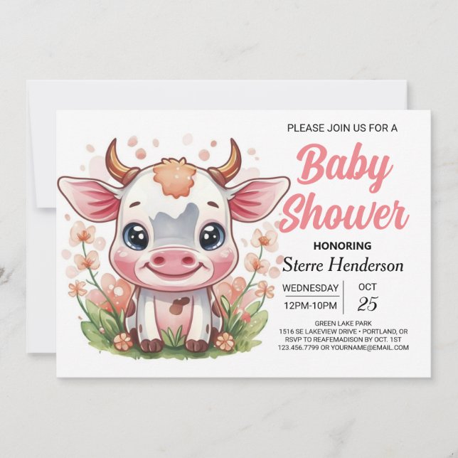Invitation Baby shower de vache numérique Whimsical rose (Devant)