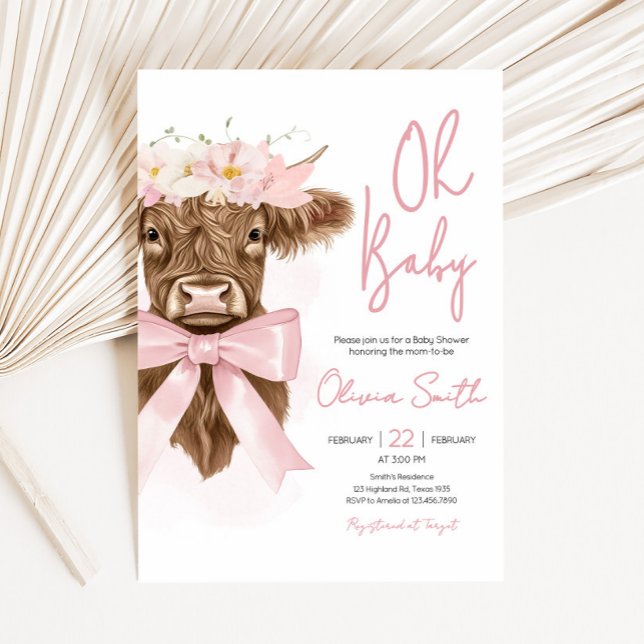 Invitation Baby shower de vache rose Floral Highland (Coquette Highland Cow Baby Shower Invitation)