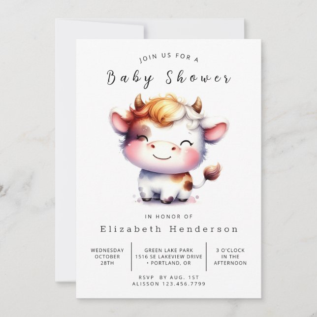 Invitation Baby shower de vache simple chic animal (Devant)