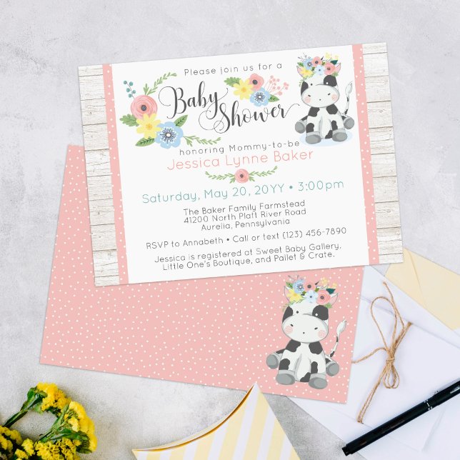 Invitation Baby shower de vache | Veau floral mignon sur bois (Créateur téléchargé)