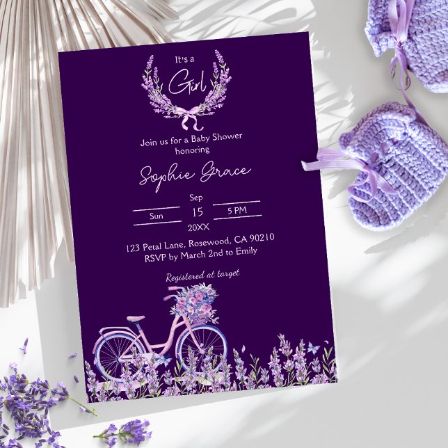 Invitation Baby shower de vélos à lavande fleurie violet (Créateur téléchargé)