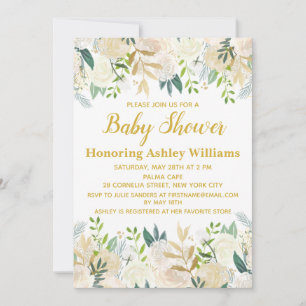Invitation Baby shower de verdure botanique blanc et or