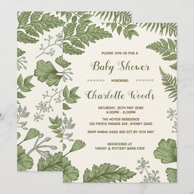 Invitation Baby shower de verdure botanique forêt d'invitatio (Devant / Derrière)