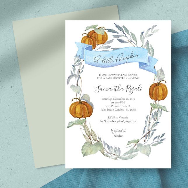 Invitation Baby shower de verdure Citrouille Bleu automne (pumpkin baby boy shower invitations )